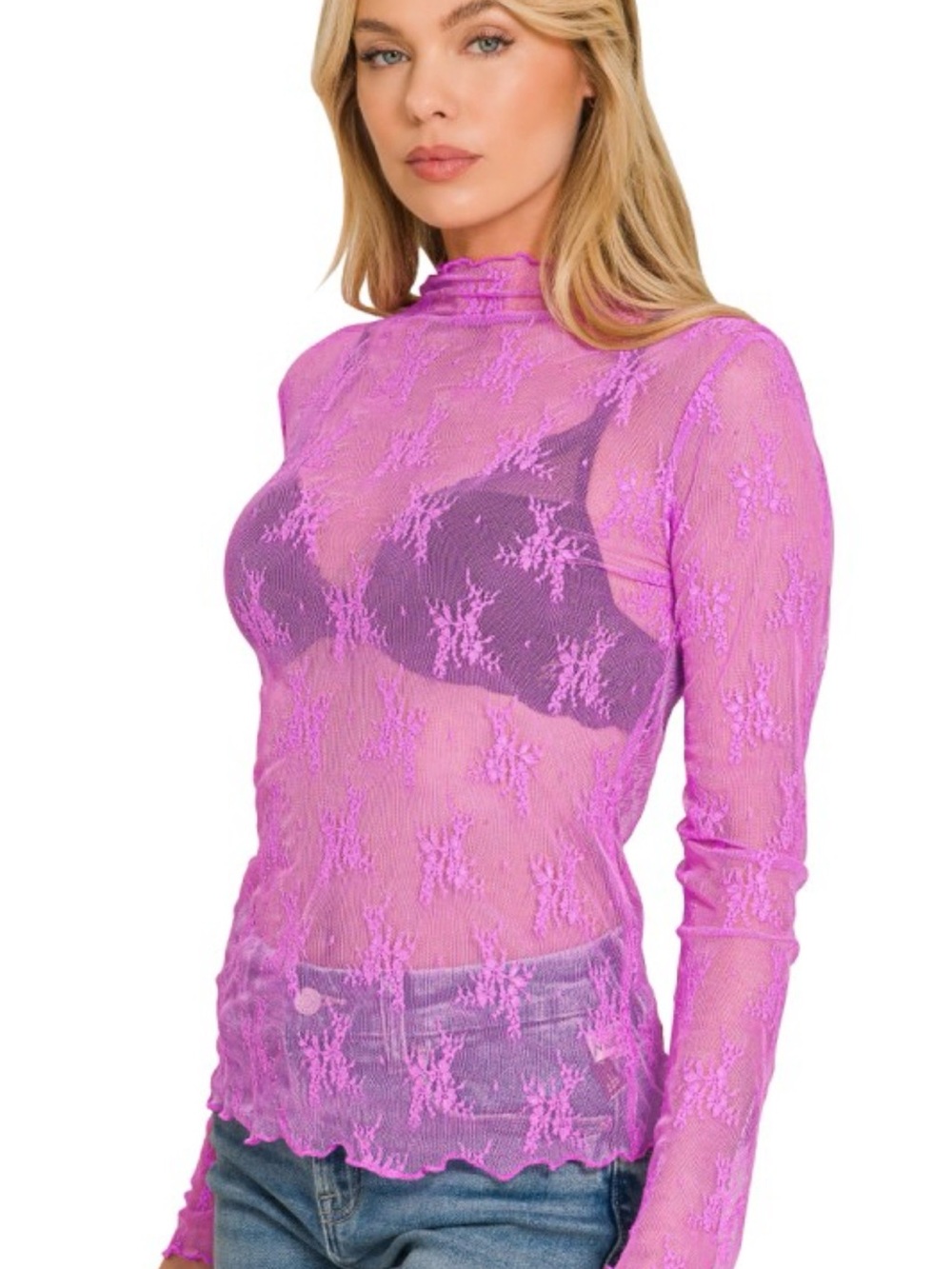 Sheer Lace Mock Neck Long Sleeve Top - Pink